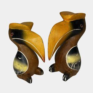 Pair Tropical Hornbills Hand Carved Painted Wood Toucan 2pc Malaysia 5.5/6.5"